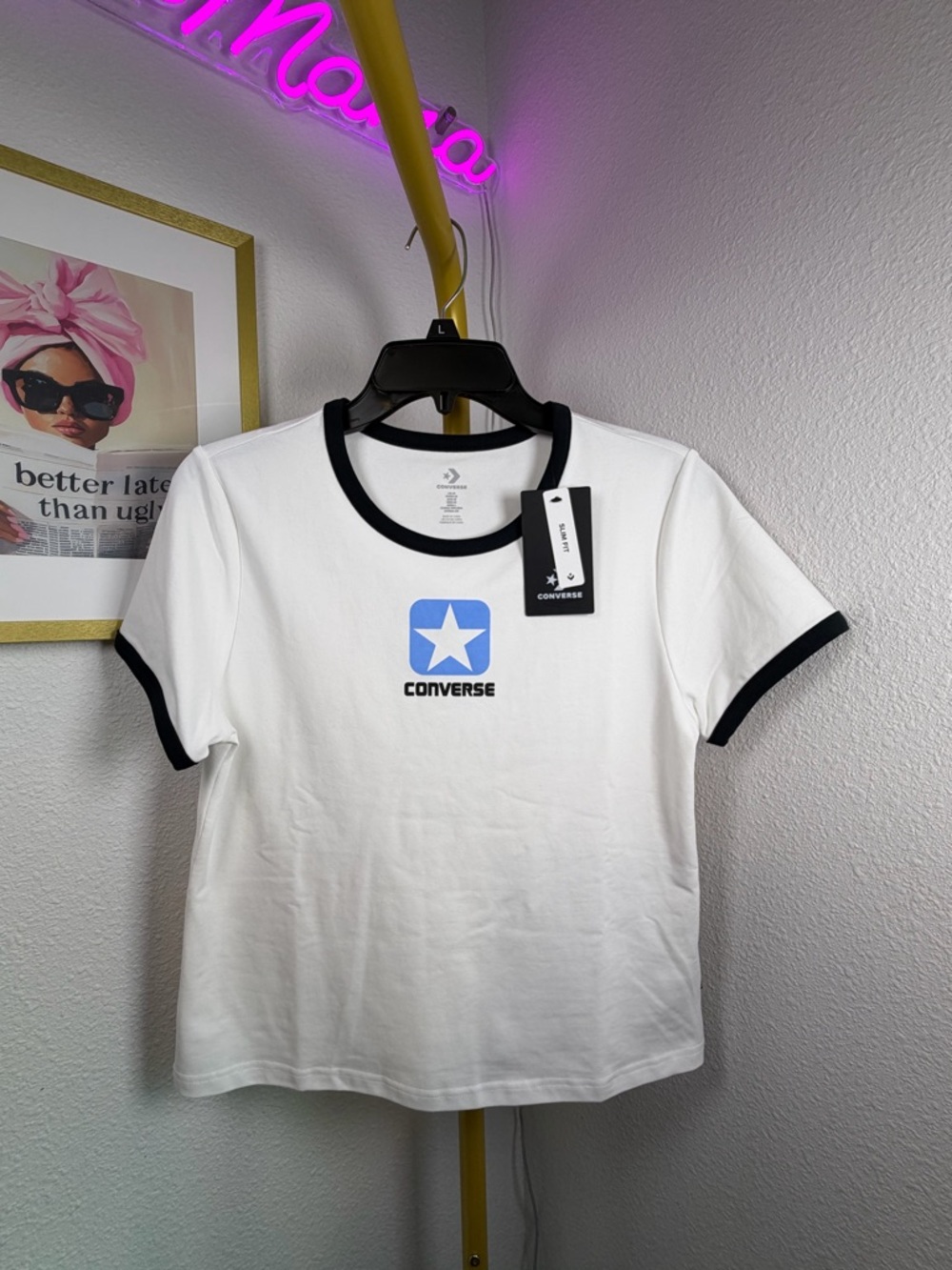 Converse White Crop Tee with Blue Star Logo and Black Trim Oversized Medium
